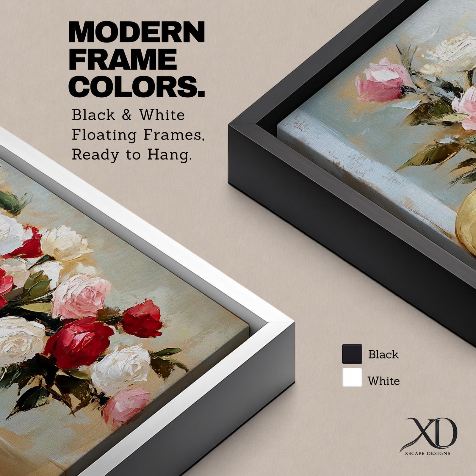 A panoramic still life painting of a large bouquet of red, white, and blush pink roses arranged in a round gold vase with green leaves spreading outward, rendered with textured brushstrokes and soft neutral background tones that emphasize the layered petals and balanced floral composition.