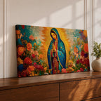 A panoramic painting of the Virgin Mary depicted as Our Lady of Guadalupe standing in prayer with hands together, wearing a blue star covered mantle and red dress, surrounded by radiant golden light and vibrant blooming flowers in rich reds, pinks, and oranges painted with expressive textured brushstrokes.