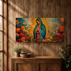 A panoramic painting of the Virgin Mary depicted as Our Lady of Guadalupe standing in prayer with hands together, wearing a blue star covered mantle and red dress, surrounded by radiant golden light and vibrant blooming flowers in rich reds, pinks, and oranges painted with expressive textured brushstrokes.