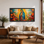 A panoramic painting of the Virgin Mary depicted as Our Lady of Guadalupe standing in prayer with hands together, wearing a blue star covered mantle and red dress, surrounded by radiant golden light and vibrant blooming flowers in rich reds, pinks, and oranges painted with expressive textured brushstrokes.
