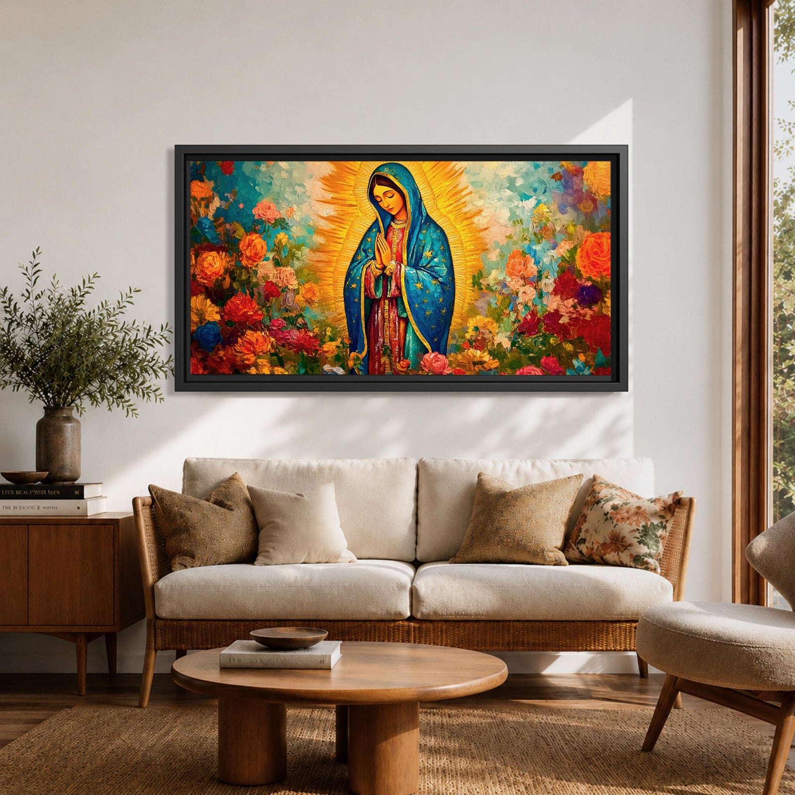 A panoramic painting of the Virgin Mary depicted as Our Lady of Guadalupe standing in prayer with hands together, wearing a blue star covered mantle and red dress, surrounded by radiant golden light and vibrant blooming flowers in rich reds, pinks, and oranges painted with expressive textured brushstrokes.