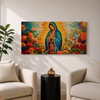A panoramic painting of the Virgin Mary depicted as Our Lady of Guadalupe standing in prayer with hands together, wearing a blue star covered mantle and red dress, surrounded by radiant golden light and vibrant blooming flowers in rich reds, pinks, and oranges painted with expressive textured brushstrokes.