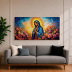 Panoramic painting of the Virgin Mary with hands clasped in prayer wearing a deep blue mantle decorated with golden stars and surrounded by vibrant blooming roses. A radiant golden halo glows behind her head while expressive brushstrokes form colorful clouds and flowers creating a wide devotional religious composition.