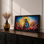 Panoramic painting of the Virgin Mary with hands clasped in prayer wearing a deep blue mantle decorated with golden stars and surrounded by vibrant blooming roses. A radiant golden halo glows behind her head while expressive brushstrokes form colorful clouds and flowers creating a wide devotional religious composition.