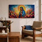 Panoramic painting of the Virgin Mary with hands clasped in prayer wearing a deep blue mantle decorated with golden stars and surrounded by vibrant blooming roses. A radiant golden halo glows behind her head while expressive brushstrokes form colorful clouds and flowers creating a wide devotional religious composition.