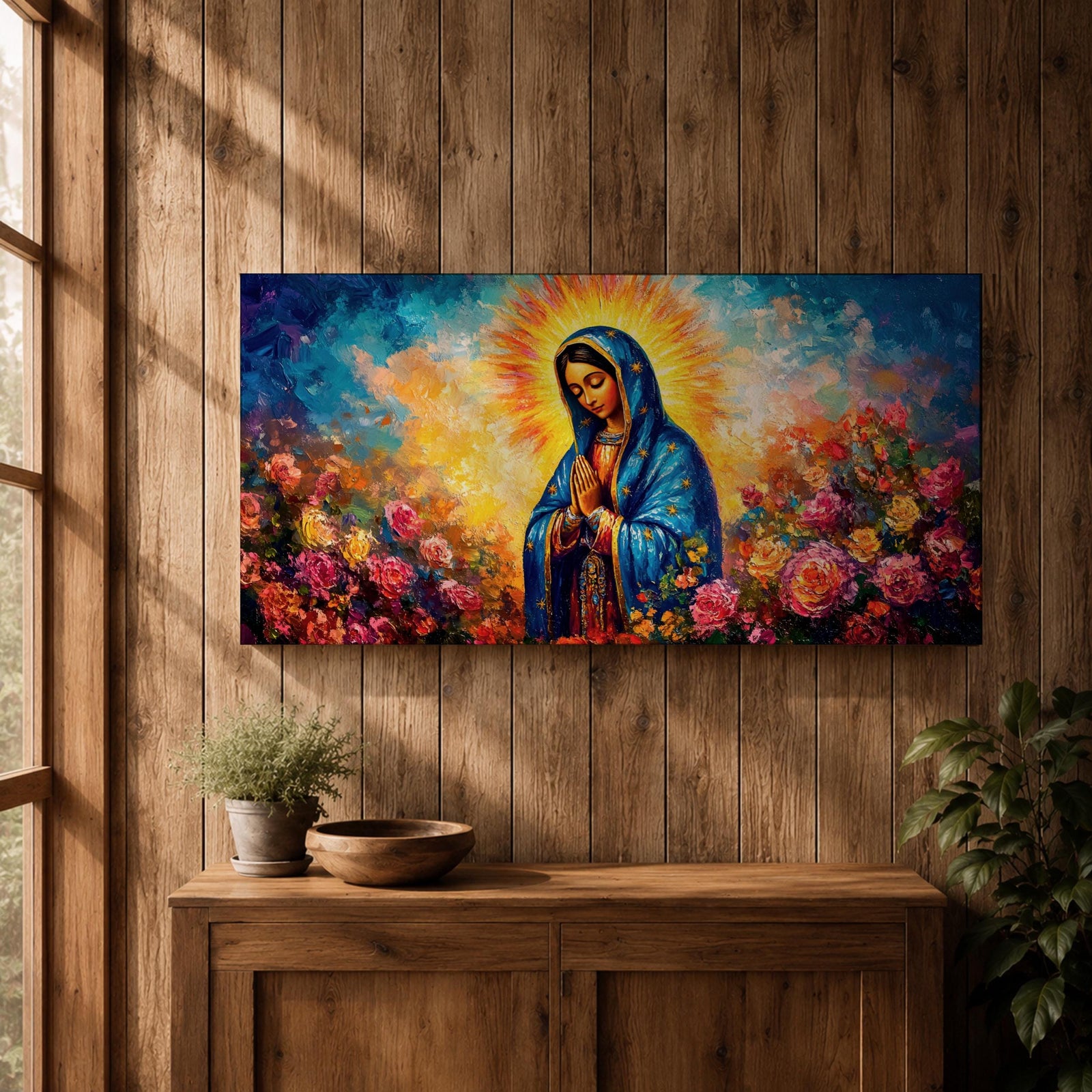 Panoramic painting of the Virgin Mary with hands clasped in prayer wearing a deep blue mantle decorated with golden stars and surrounded by vibrant blooming roses. A radiant golden halo glows behind her head while expressive brushstrokes form colorful clouds and flowers creating a wide devotional religious composition.