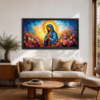Panoramic painting of the Virgin Mary with hands clasped in prayer wearing a deep blue mantle decorated with golden stars and surrounded by vibrant blooming roses. A radiant golden halo glows behind her head while expressive brushstrokes form colorful clouds and flowers creating a wide devotional religious composition.