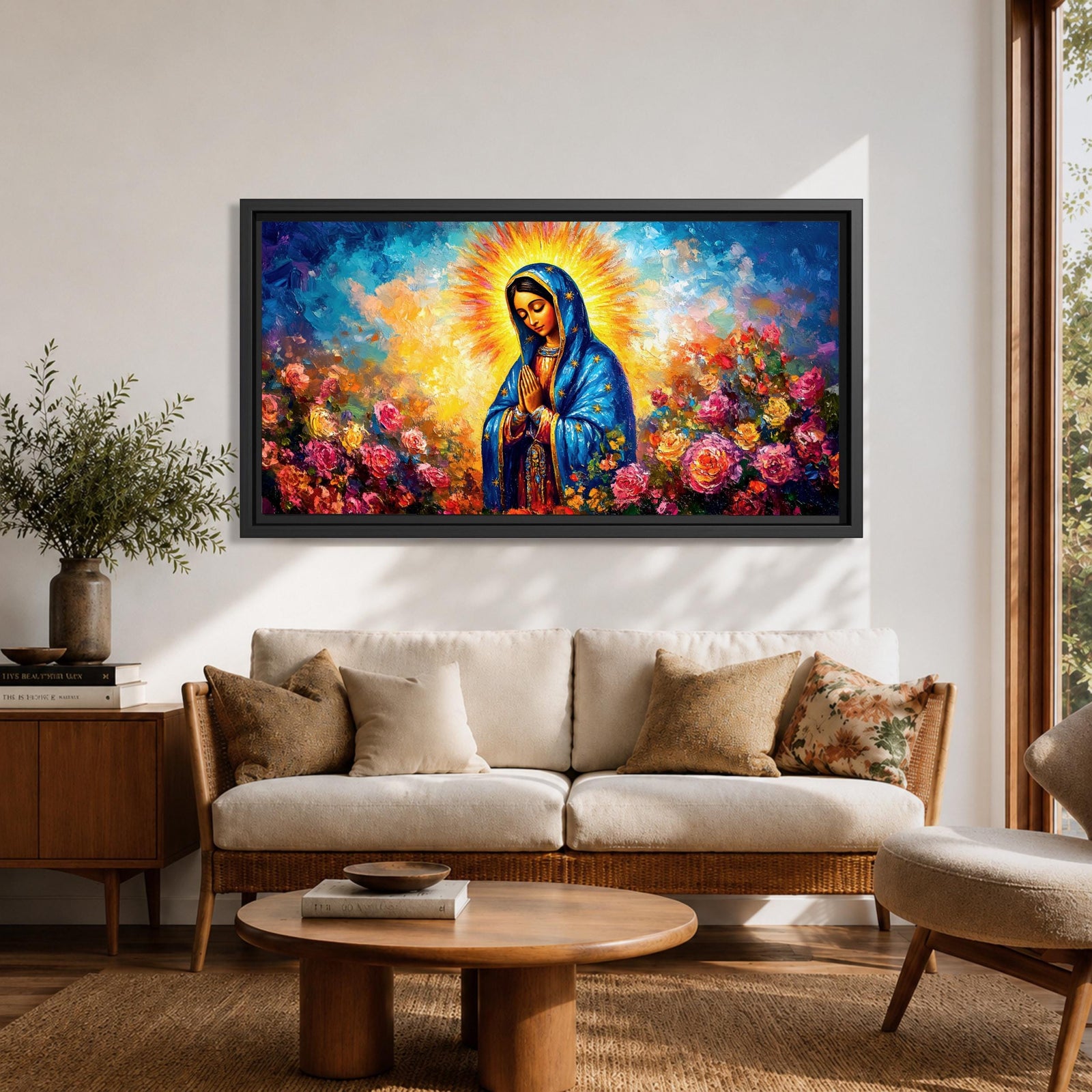 Panoramic painting of the Virgin Mary with hands clasped in prayer wearing a deep blue mantle decorated with golden stars and surrounded by vibrant blooming roses. A radiant golden halo glows behind her head while expressive brushstrokes form colorful clouds and flowers creating a wide devotional religious composition.