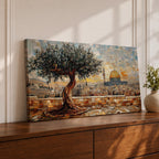 Panoramic mosaic style painting of Masjid Al Aqsa in Jerusalem with the golden Dome of the Rock rising across the historic skyline. A textured olive tree stands in the foreground on a stone terrace while tile like brushstrokes form the ancient city walls rooftops and mosque domes creating a wide Middle Eastern architectural landscape.
