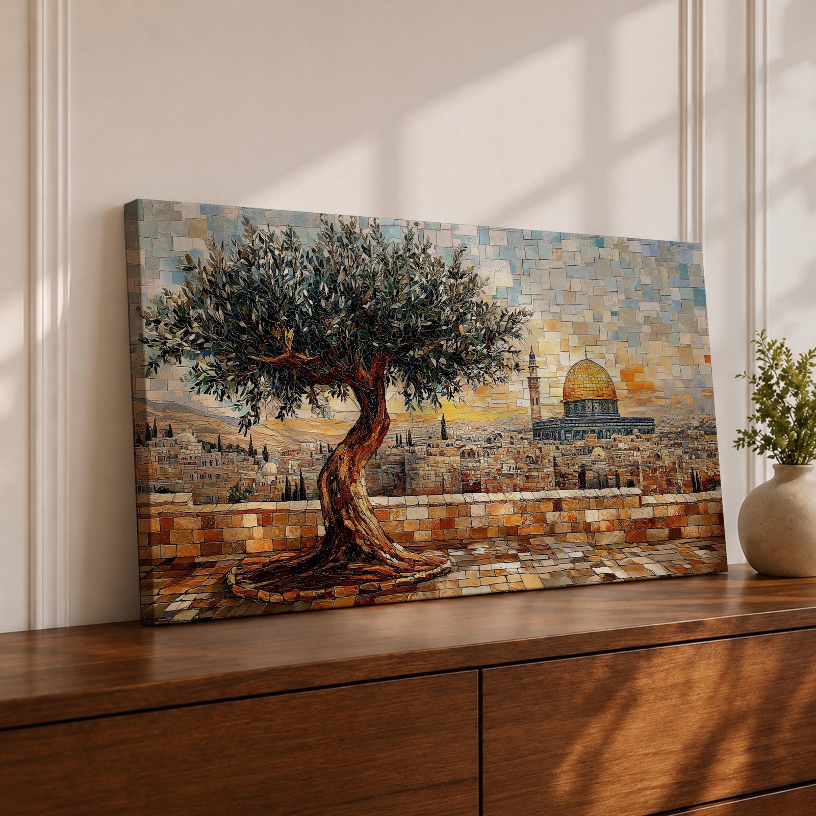 Panoramic mosaic style painting of Masjid Al Aqsa in Jerusalem with the golden Dome of the Rock rising across the historic skyline. A textured olive tree stands in the foreground on a stone terrace while tile like brushstrokes form the ancient city walls rooftops and mosque domes creating a wide Middle Eastern architectural landscape.