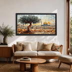 Panoramic mosaic style painting of Masjid Al Aqsa in Jerusalem with the golden Dome of the Rock rising across the historic skyline. A textured olive tree stands in the foreground on a stone terrace while tile like brushstrokes form the ancient city walls rooftops and mosque domes creating a wide Middle Eastern architectural landscape.