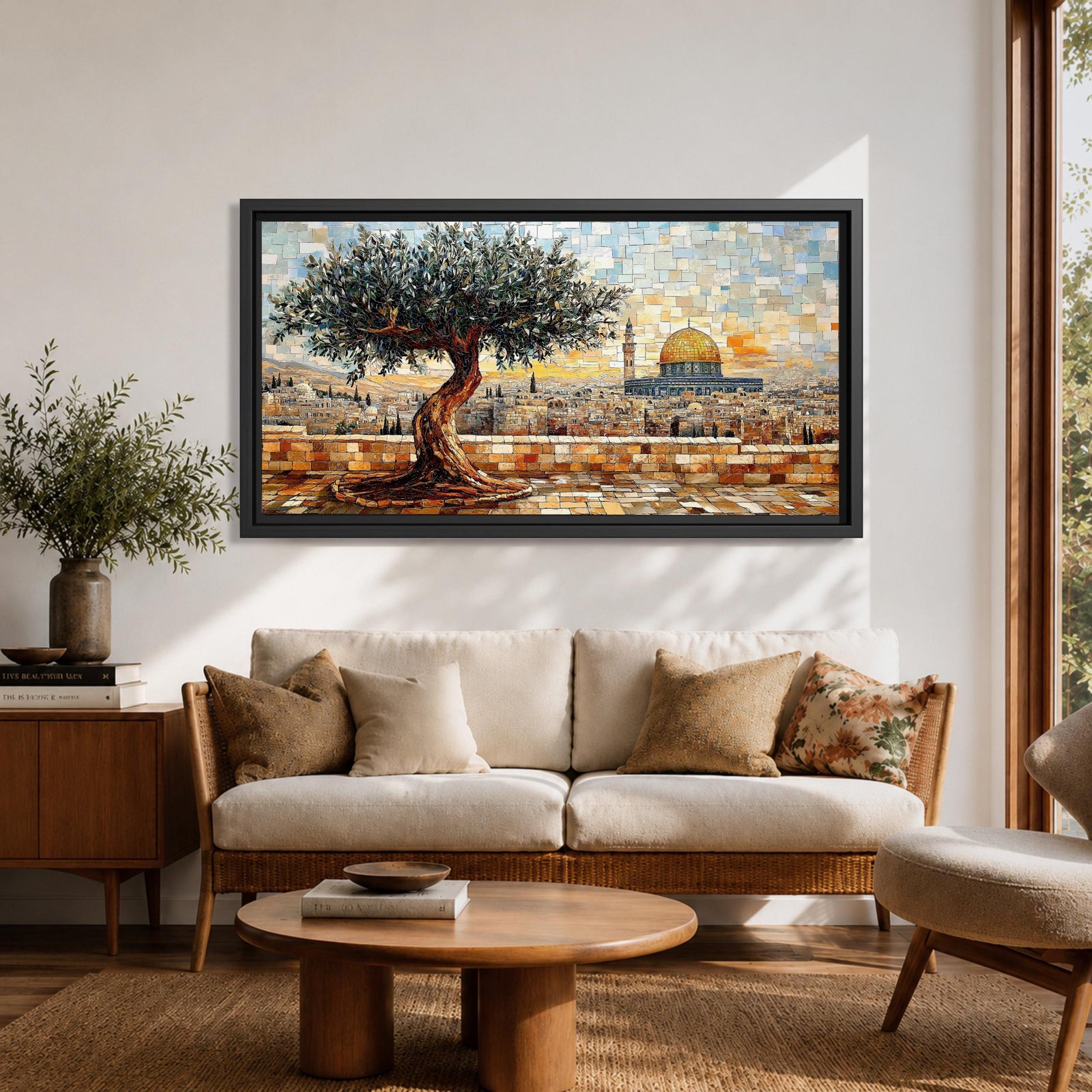 Panoramic mosaic style painting of Masjid Al Aqsa in Jerusalem with the golden Dome of the Rock rising across the historic skyline. A textured olive tree stands in the foreground on a stone terrace while tile like brushstrokes form the ancient city walls rooftops and mosque domes creating a wide Middle Eastern architectural landscape.
