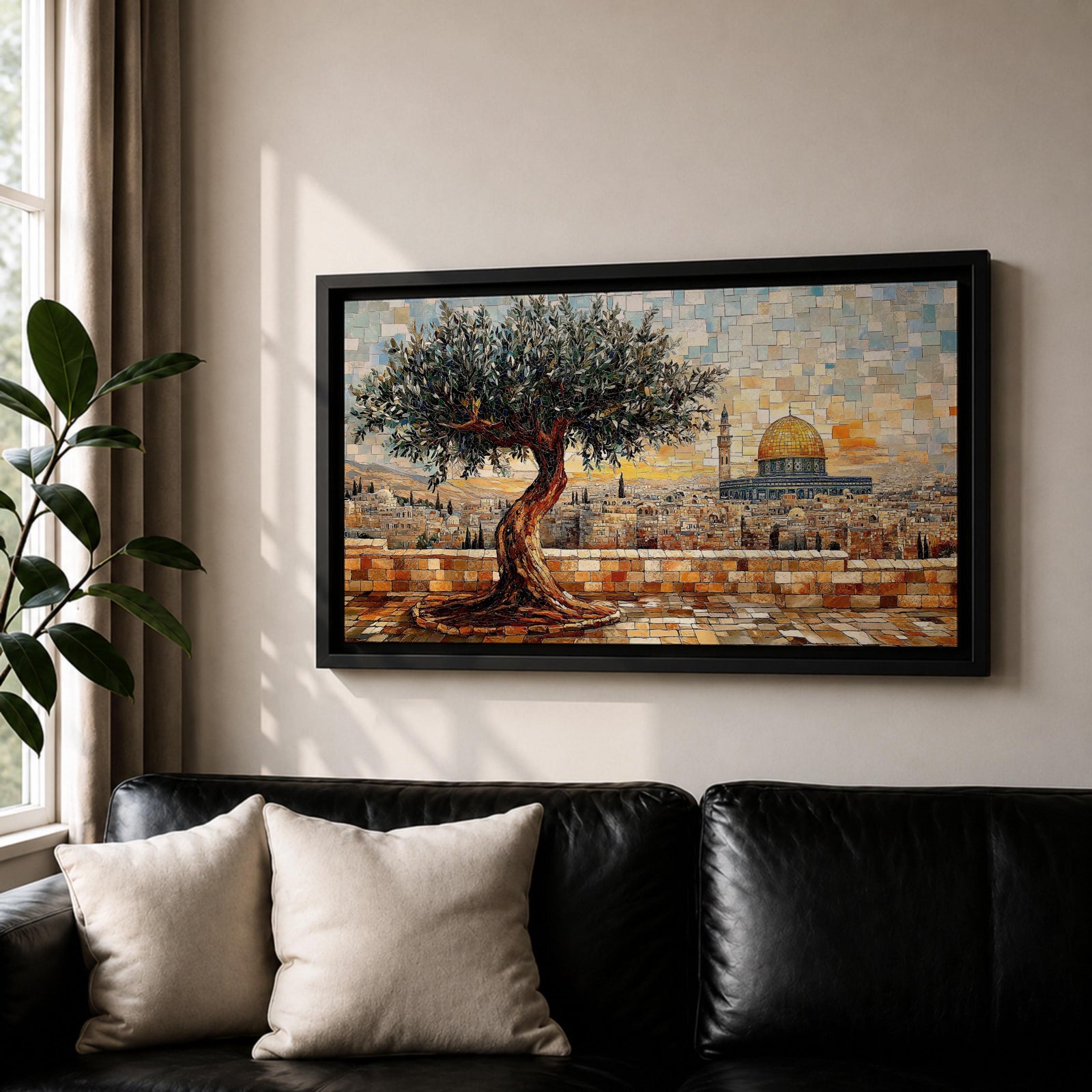Panoramic mosaic style painting of Masjid Al Aqsa in Jerusalem with the golden Dome of the Rock rising across the historic skyline. A textured olive tree stands in the foreground on a stone terrace while tile like brushstrokes form the ancient city walls rooftops and mosque domes creating a wide Middle Eastern architectural landscape.