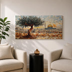 Panoramic mosaic style painting of Masjid Al Aqsa in Jerusalem with the golden Dome of the Rock rising across the historic skyline. A textured olive tree stands in the foreground on a stone terrace while tile like brushstrokes form the ancient city walls rooftops and mosque domes creating a wide Middle Eastern architectural landscape.