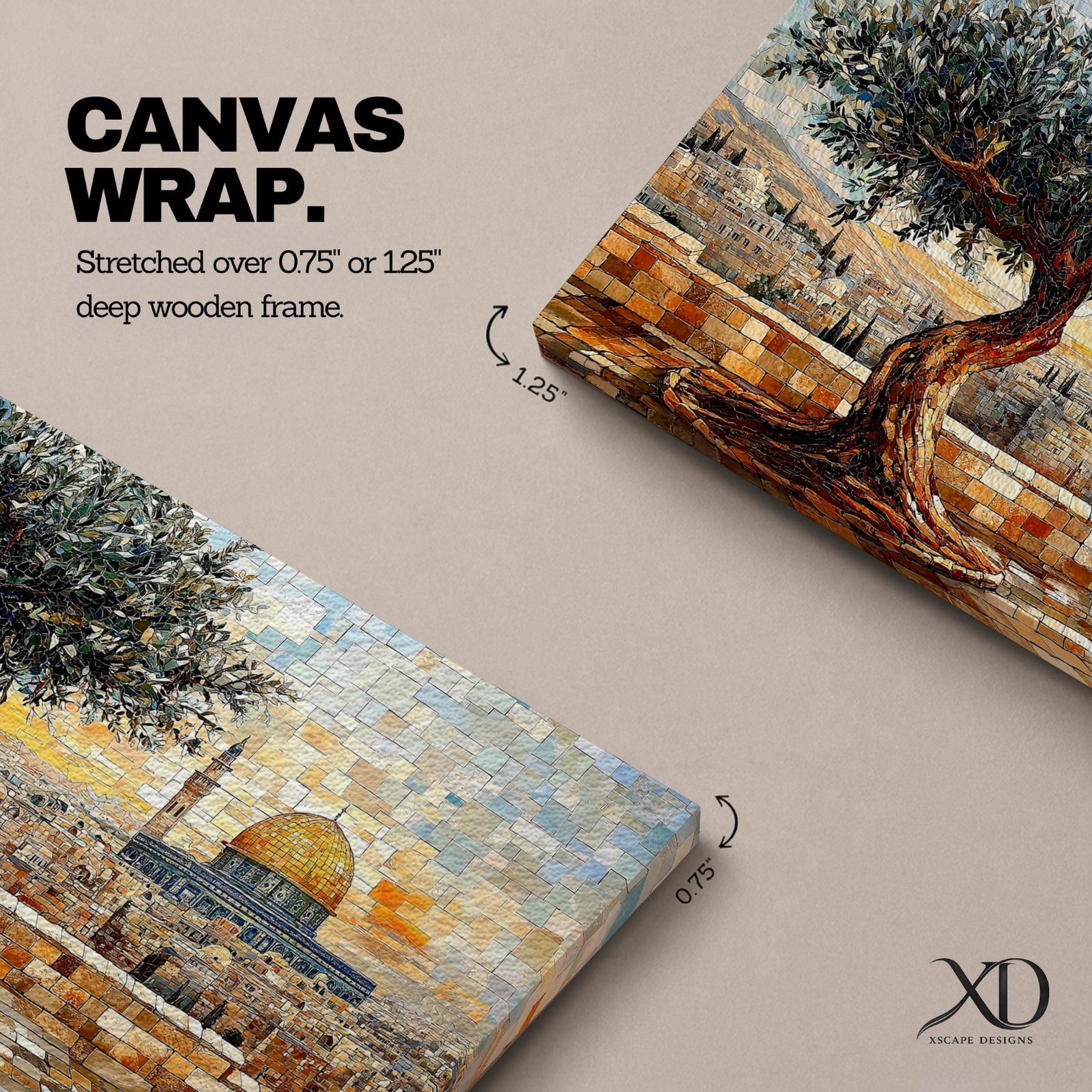 Panoramic mosaic style painting of Masjid Al Aqsa in Jerusalem with the golden Dome of the Rock rising across the historic skyline. A textured olive tree stands in the foreground on a stone terrace while tile like brushstrokes form the ancient city walls rooftops and mosque domes creating a wide Middle Eastern architectural landscape.