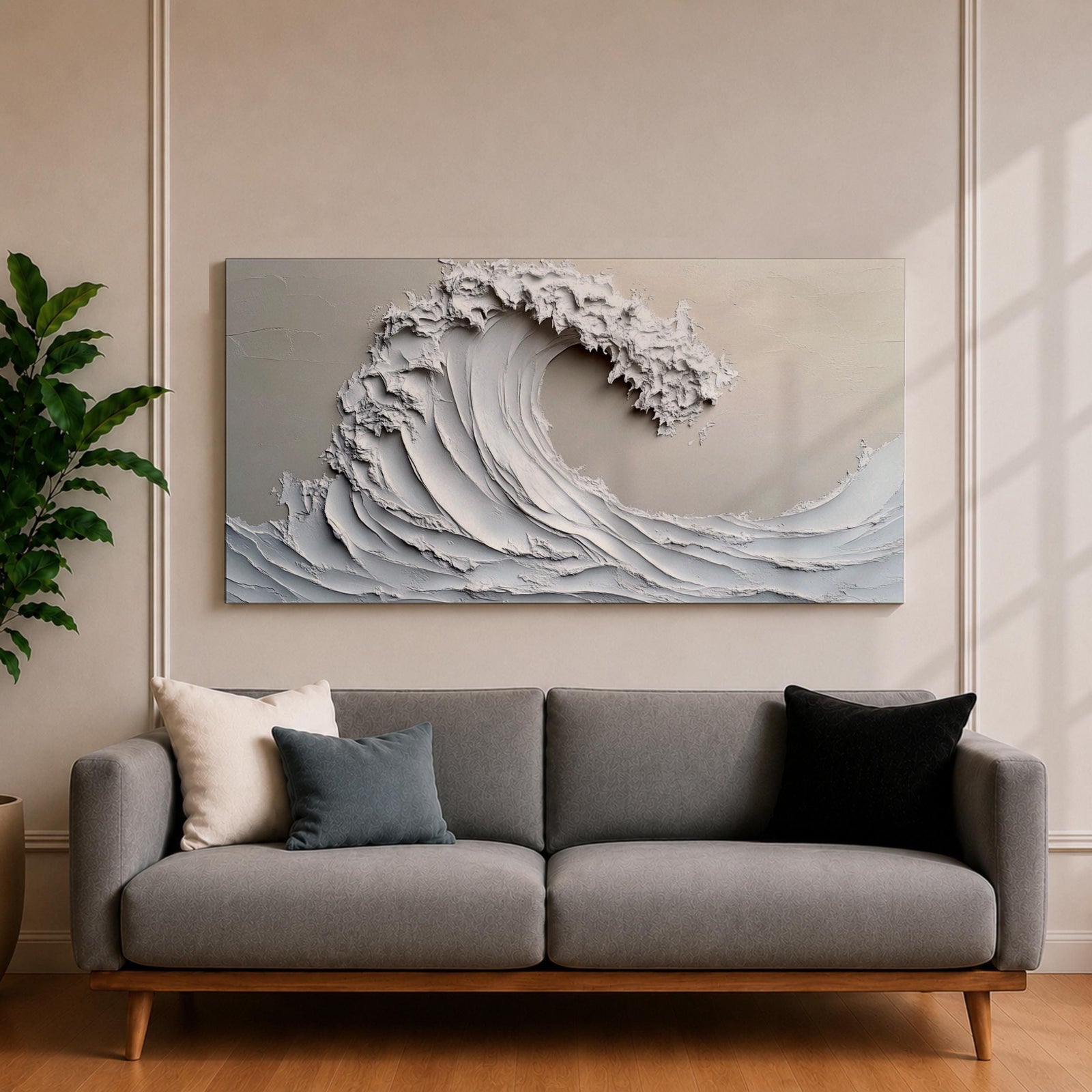 Panoramic textured relief artwork depicting a powerful ocean wave curling upward in sculpted layered forms. The cresting breaker is rendered with thick plaster like ridges and flowing contours in soft neutral tones, creating a minimalist seascape with depth and movement across the wide horizontal composition.