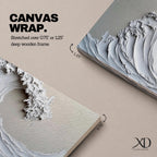 Panoramic textured relief artwork depicting a powerful ocean wave curling upward in sculpted layered forms. The cresting breaker is rendered with thick plaster like ridges and flowing contours in soft neutral tones, creating a minimalist seascape with depth and movement across the wide horizontal composition.