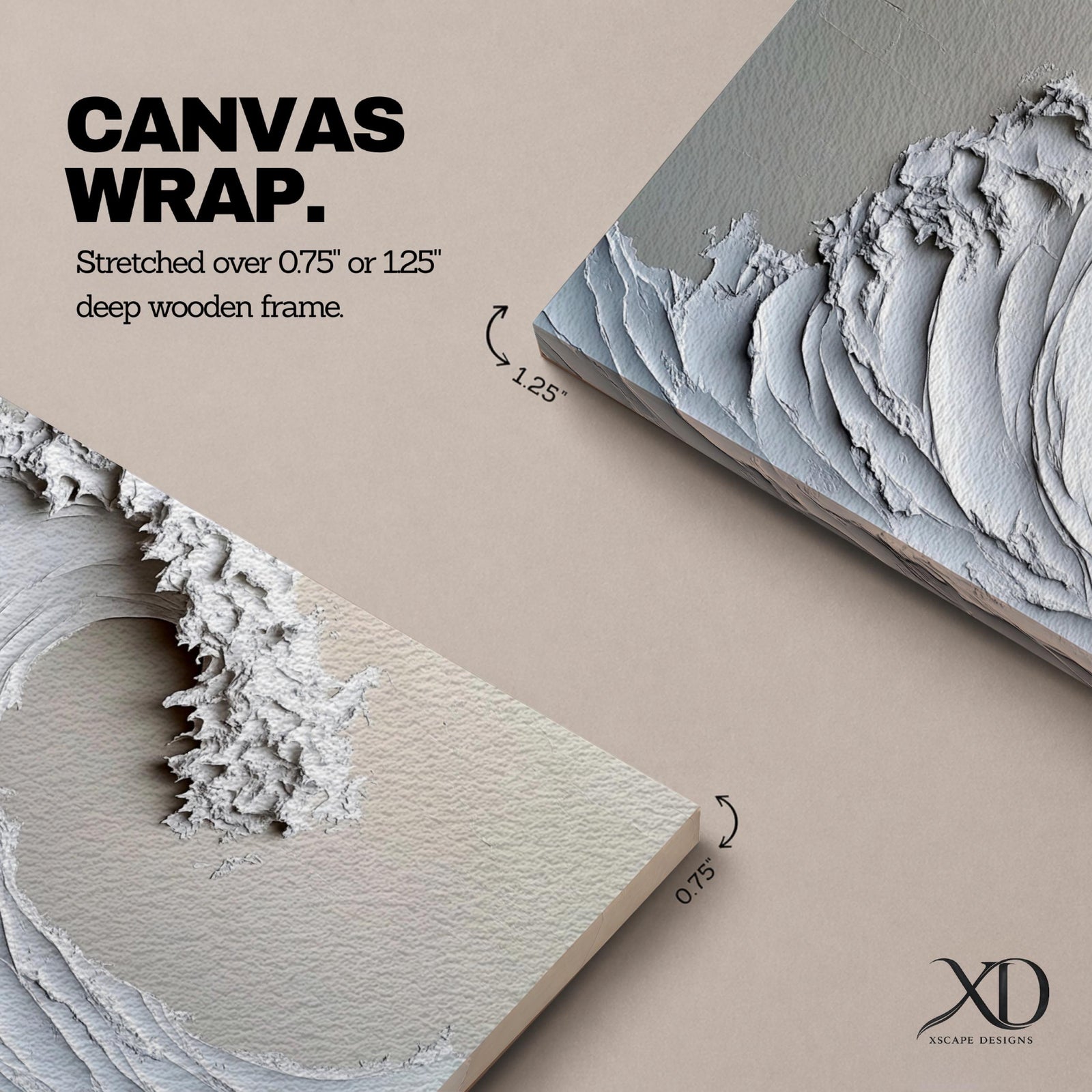Panoramic textured relief artwork depicting a powerful ocean wave curling upward in sculpted layered forms. The cresting breaker is rendered with thick plaster like ridges and flowing contours in soft neutral tones, creating a minimalist seascape with depth and movement across the wide horizontal composition.