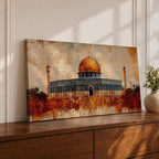 Panoramic abstract painting of the Dome of the Rock rising above the Jerusalem skyline with its golden dome glowing among historic stone buildings and mosque structures. Textured brushstrokes create layered architecture arches and rooftops while warm gold beige and blue tones spread across the wide Middle Eastern cityscape.