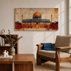 Panoramic abstract painting of the Dome of the Rock rising above the Jerusalem skyline with its golden dome glowing among historic stone buildings and mosque structures. Textured brushstrokes create layered architecture arches and rooftops while warm gold beige and blue tones spread across the wide Middle Eastern cityscape.
