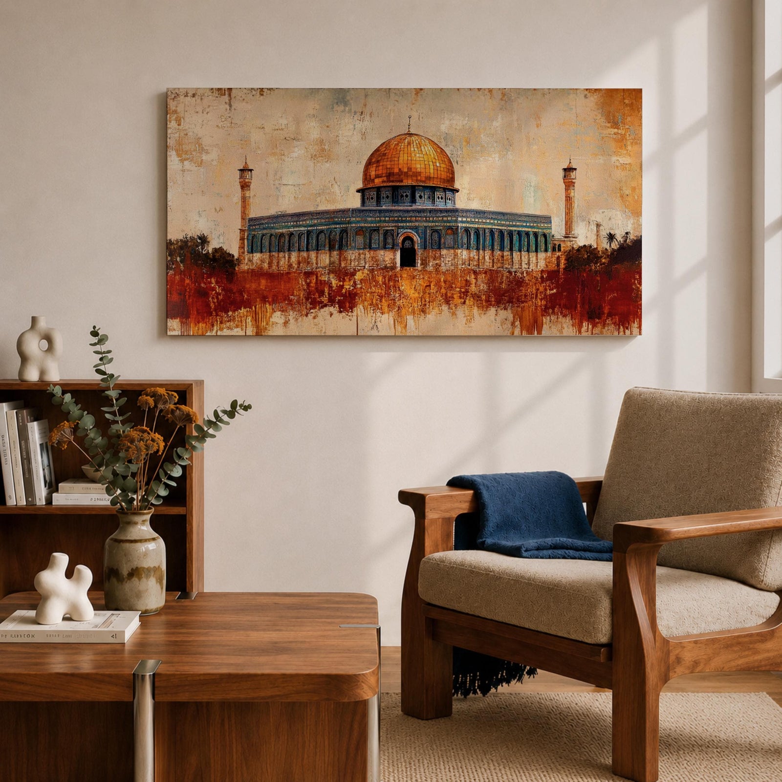 Panoramic abstract painting of the Dome of the Rock rising above the Jerusalem skyline with its golden dome glowing among historic stone buildings and mosque structures. Textured brushstrokes create layered architecture arches and rooftops while warm gold beige and blue tones spread across the wide Middle Eastern cityscape.