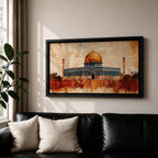 Panoramic abstract painting of the Dome of the Rock rising above the Jerusalem skyline with its golden dome glowing among historic stone buildings and mosque structures. Textured brushstrokes create layered architecture arches and rooftops while warm gold beige and blue tones spread across the wide Middle Eastern cityscape.