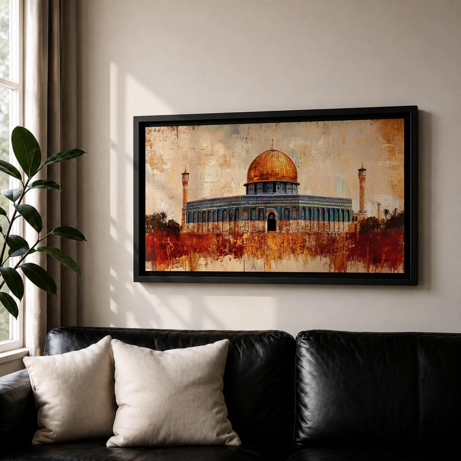 Panoramic abstract painting of the Dome of the Rock rising above the Jerusalem skyline with its golden dome glowing among historic stone buildings and mosque structures. Textured brushstrokes create layered architecture arches and rooftops while warm gold beige and blue tones spread across the wide Middle Eastern cityscape.