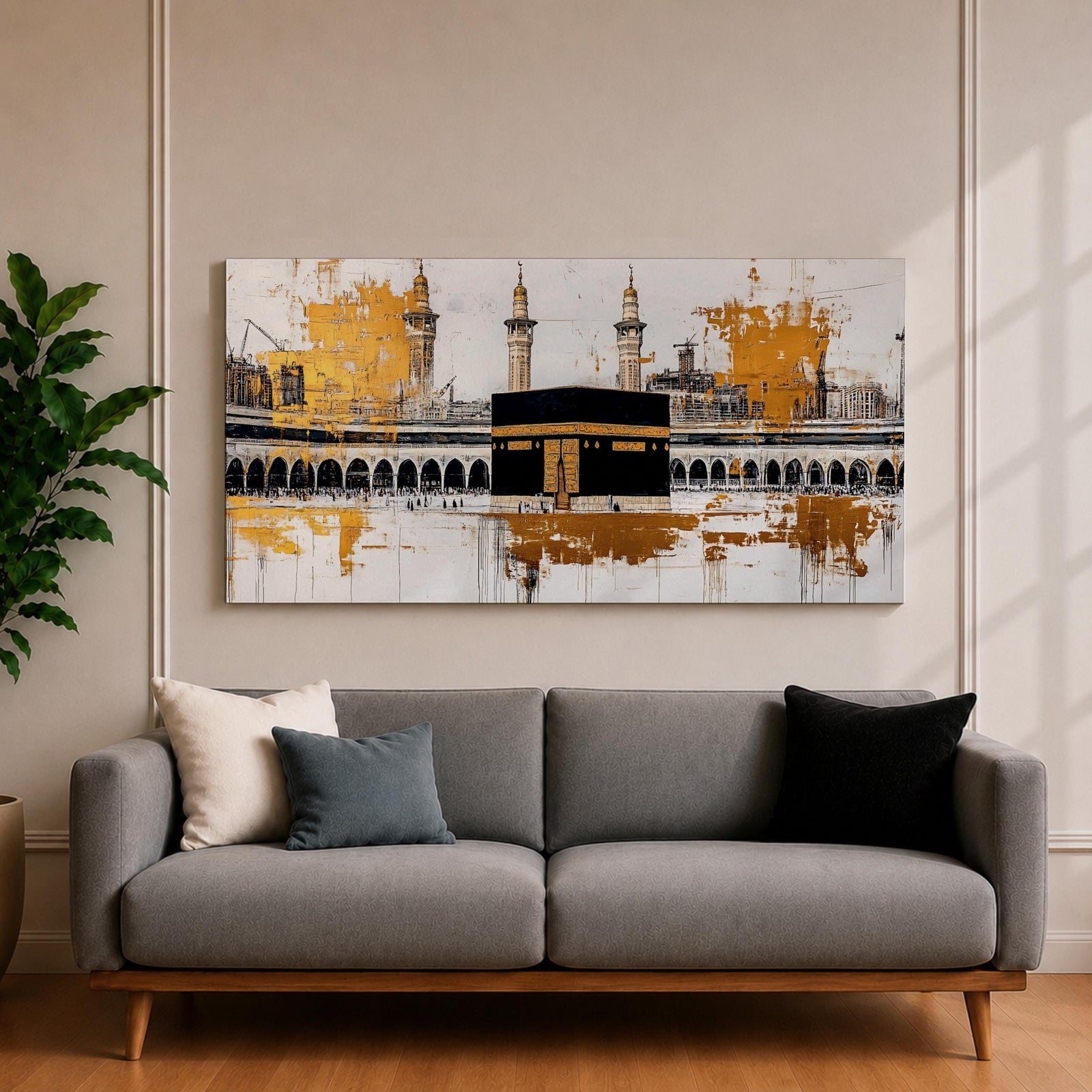 Panoramic painting of the Kaaba in Mecca centered within Masjid al Haram featuring the black cube sanctuary draped in the kiswah with gold calligraphy bands. Tall mosque minarets and long arched colonnades frame the courtyard while bold gold abstract paint textures and layered architectural lines extend across the wide horizontal composition.