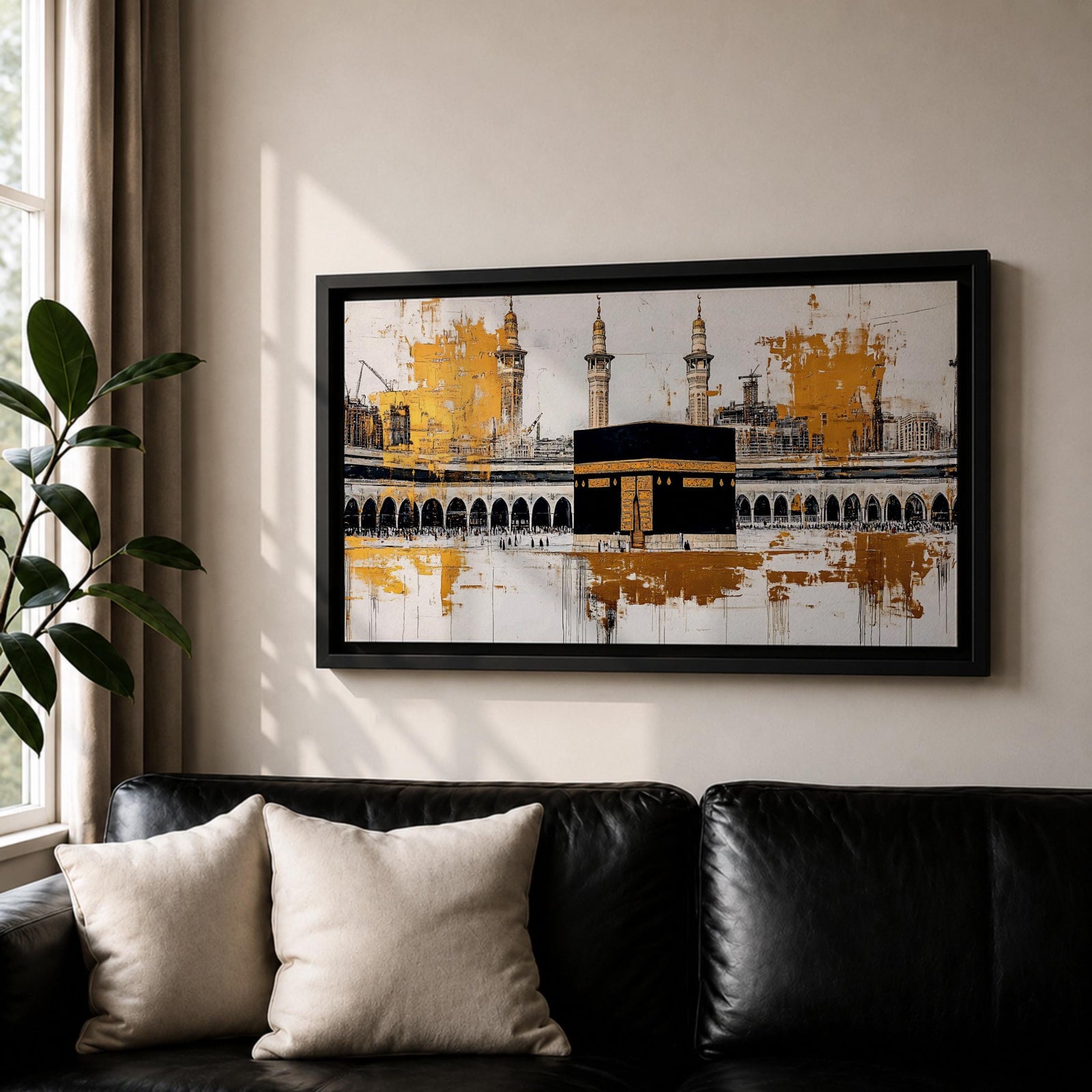 Panoramic painting of the Kaaba in Mecca centered within Masjid al Haram featuring the black cube sanctuary draped in the kiswah with gold calligraphy bands. Tall mosque minarets and long arched colonnades frame the courtyard while bold gold abstract paint textures and layered architectural lines extend across the wide horizontal composition.