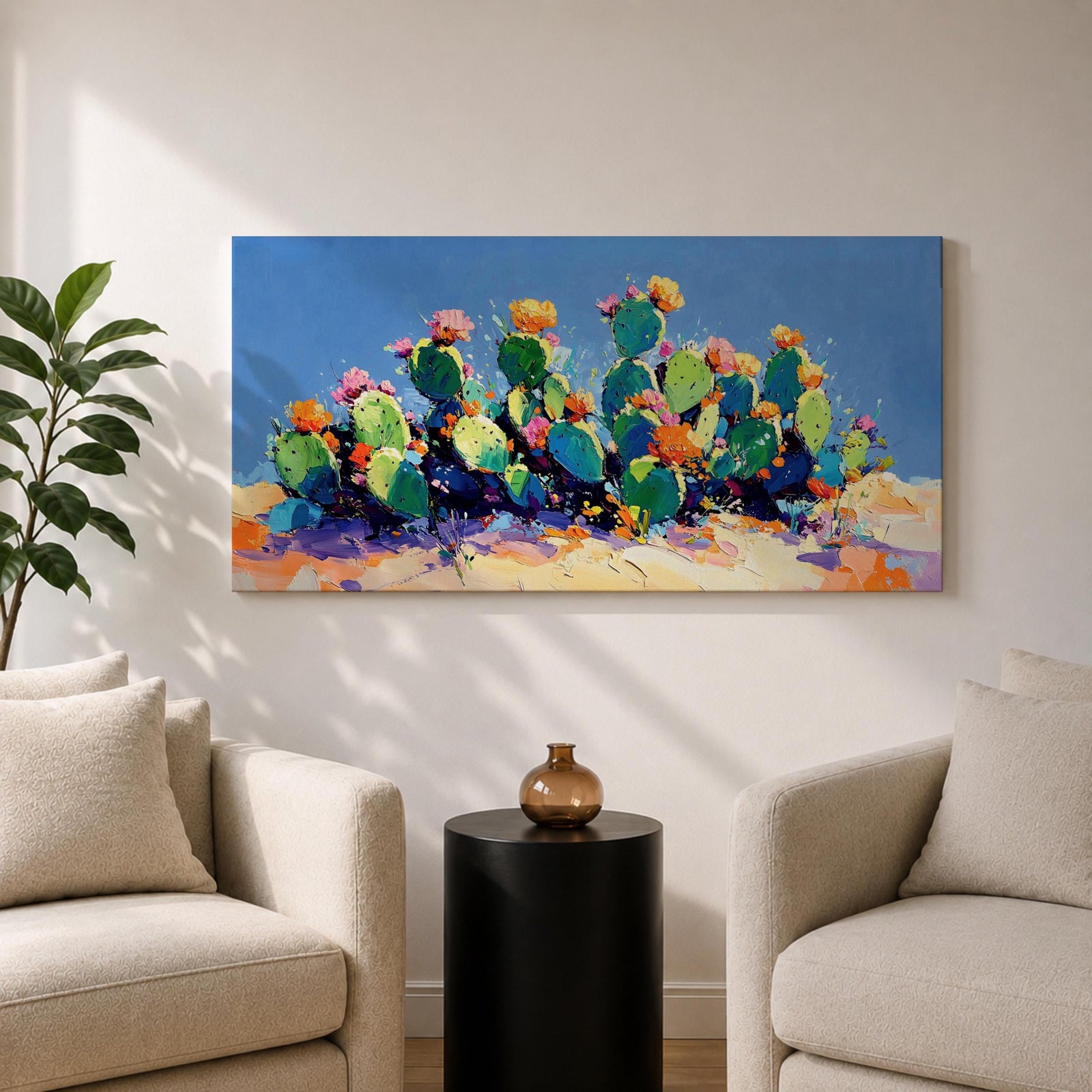 Panoramic painting of desert prickly pear cactus plants with bright pink and yellow blooming flowers growing across a colorful arid landscape. Thick palette knife brushstrokes create textured cactus pads vibrant blossoms and layered desert hills beneath a glowing sky forming a wide southwestern desert scene.