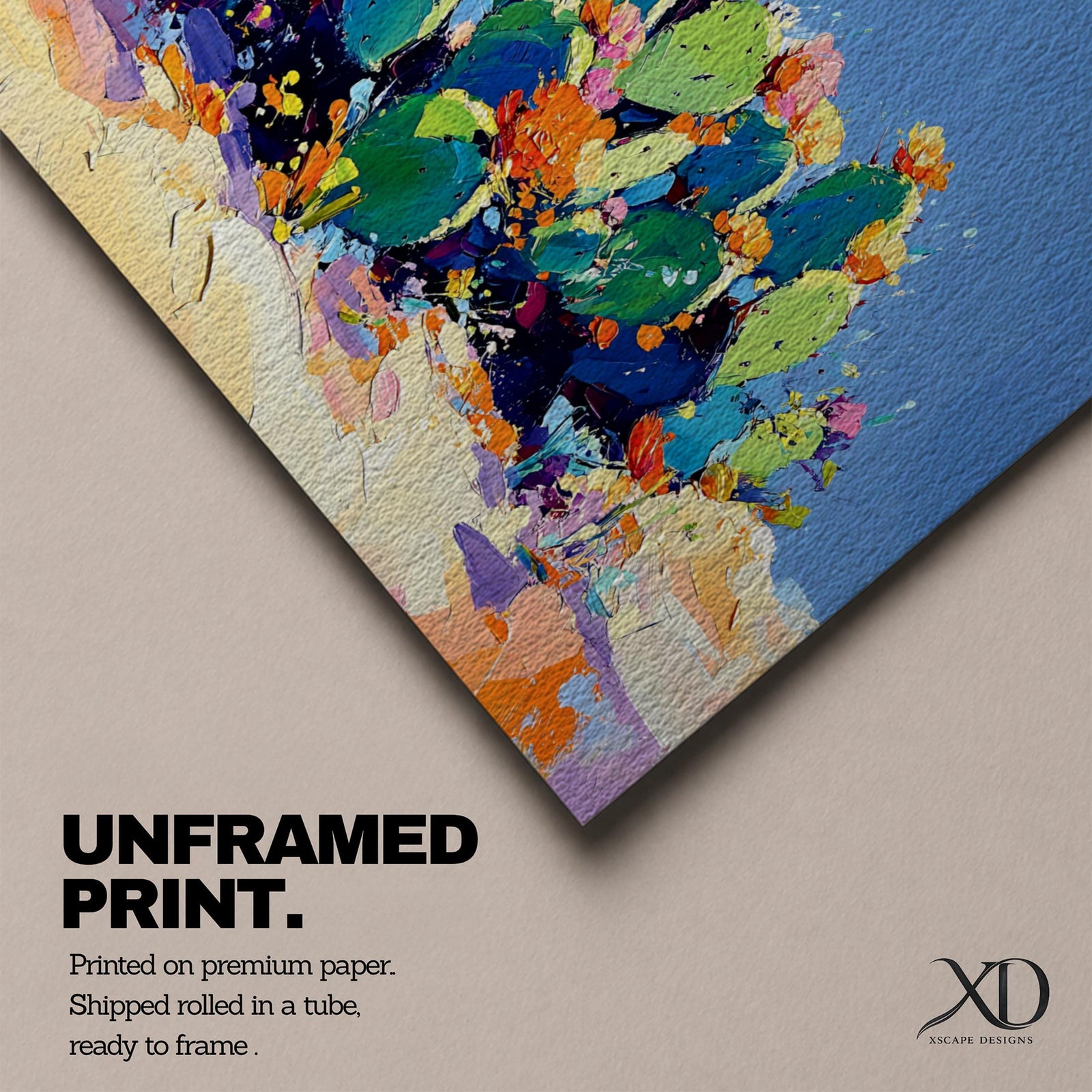 Panoramic painting of desert prickly pear cactus plants with bright pink and yellow blooming flowers growing across a colorful arid landscape. Thick palette knife brushstrokes create textured cactus pads vibrant blossoms and layered desert hills beneath a glowing sky forming a wide southwestern desert scene.