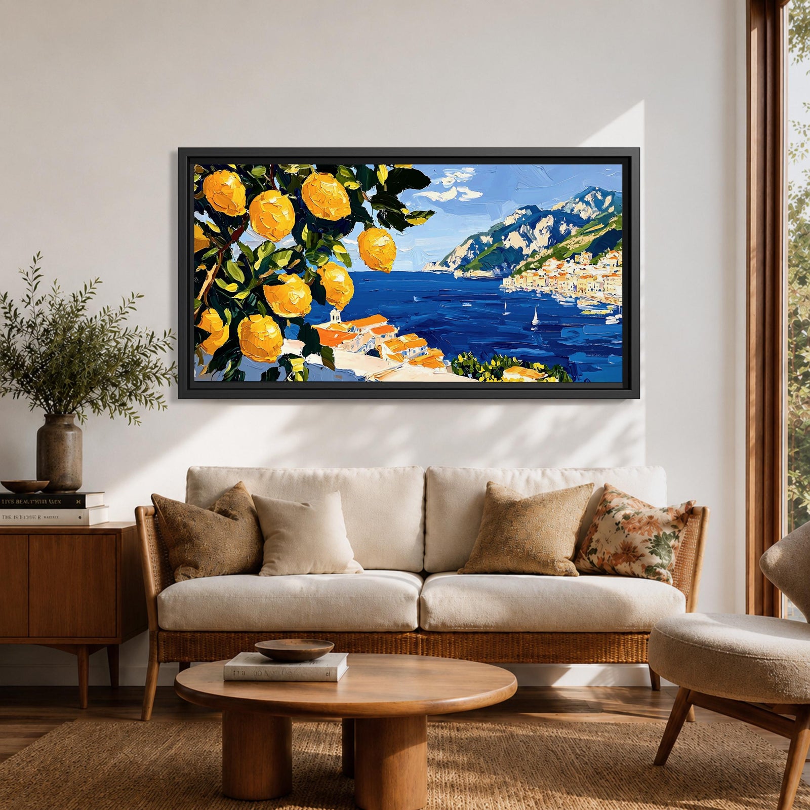 Panoramic painting of bright yellow lemons hanging from leafy branches overlooking the Amalfi Coast with deep blue Mediterranean water, sailboats, and a hillside Italian village with terracotta roofs beneath rugged mountains. Thick palette knife brushstrokes create textured citrus fruit foliage and coastal architecture in a wide landscape composition.