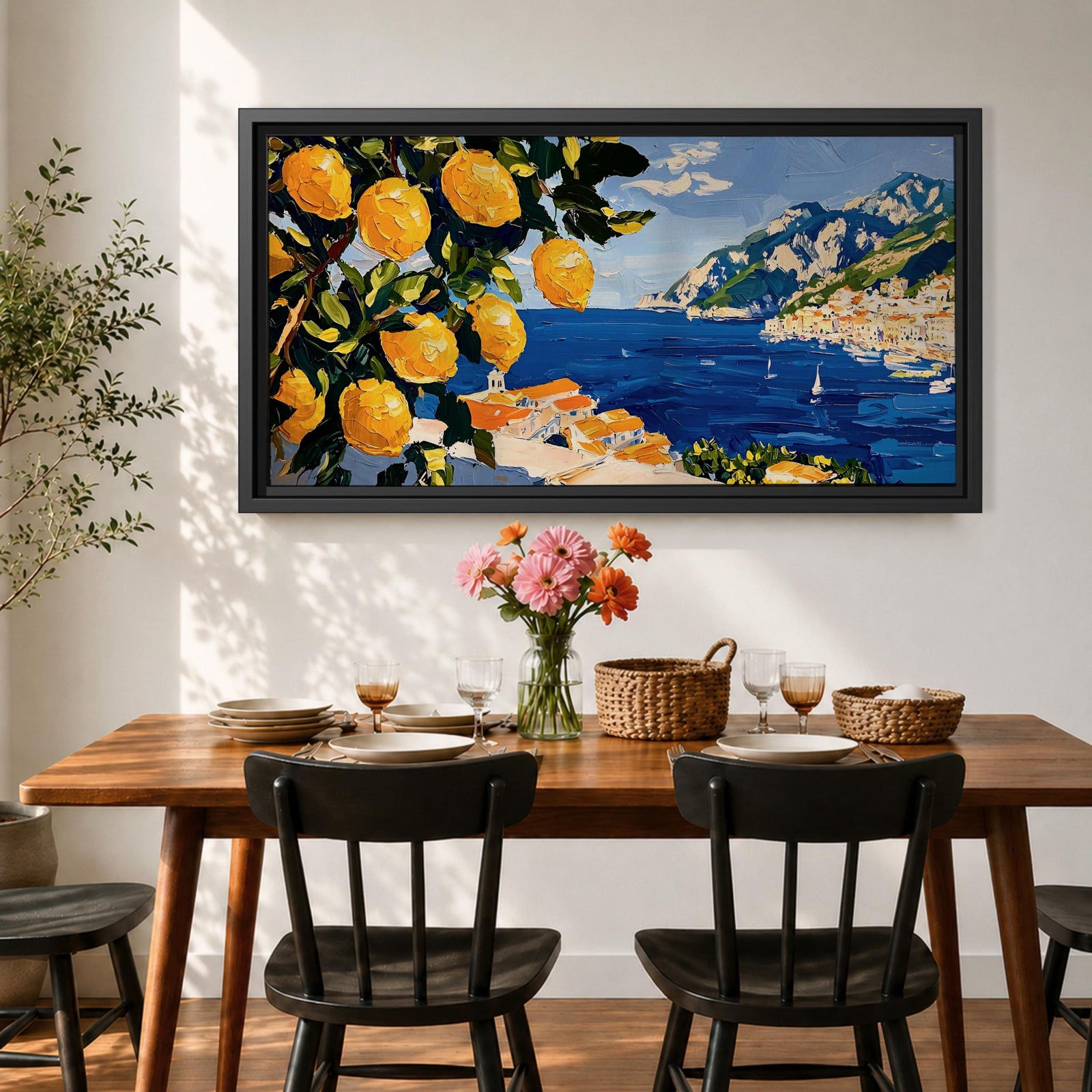 Panoramic painting of bright yellow lemons hanging from leafy branches overlooking the Amalfi Coast with deep blue Mediterranean water, sailboats, and a hillside Italian village with terracotta roofs beneath rugged mountains. Thick palette knife brushstrokes create textured citrus fruit foliage and coastal architecture in a wide landscape composition.