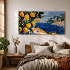 Panoramic painting of bright yellow lemons hanging from leafy branches overlooking the Amalfi Coast with deep blue Mediterranean water, sailboats, and a hillside Italian village with terracotta roofs beneath rugged mountains. Thick palette knife brushstrokes create textured citrus fruit foliage and coastal architecture in a wide landscape composition.