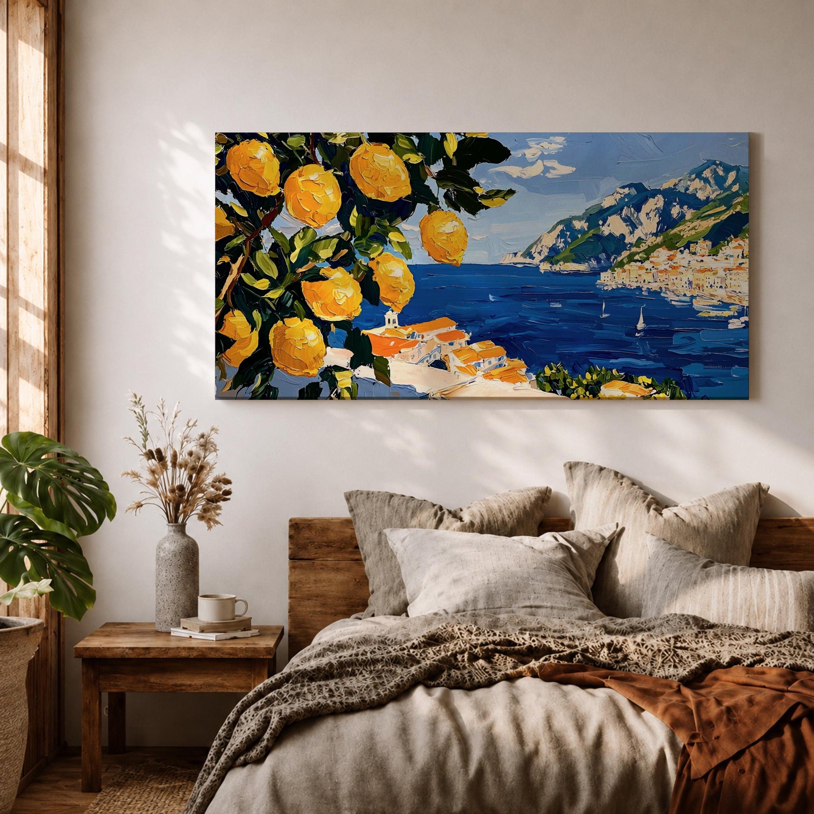 Panoramic painting of bright yellow lemons hanging from leafy branches overlooking the Amalfi Coast with deep blue Mediterranean water, sailboats, and a hillside Italian village with terracotta roofs beneath rugged mountains. Thick palette knife brushstrokes create textured citrus fruit foliage and coastal architecture in a wide landscape composition.