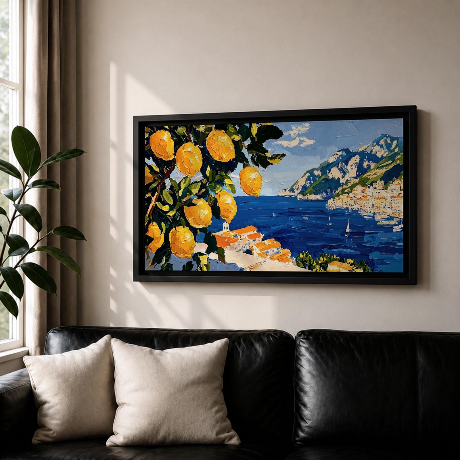 Panoramic painting of bright yellow lemons hanging from leafy branches overlooking the Amalfi Coast with deep blue Mediterranean water, sailboats, and a hillside Italian village with terracotta roofs beneath rugged mountains. Thick palette knife brushstrokes create textured citrus fruit foliage and coastal architecture in a wide landscape composition.