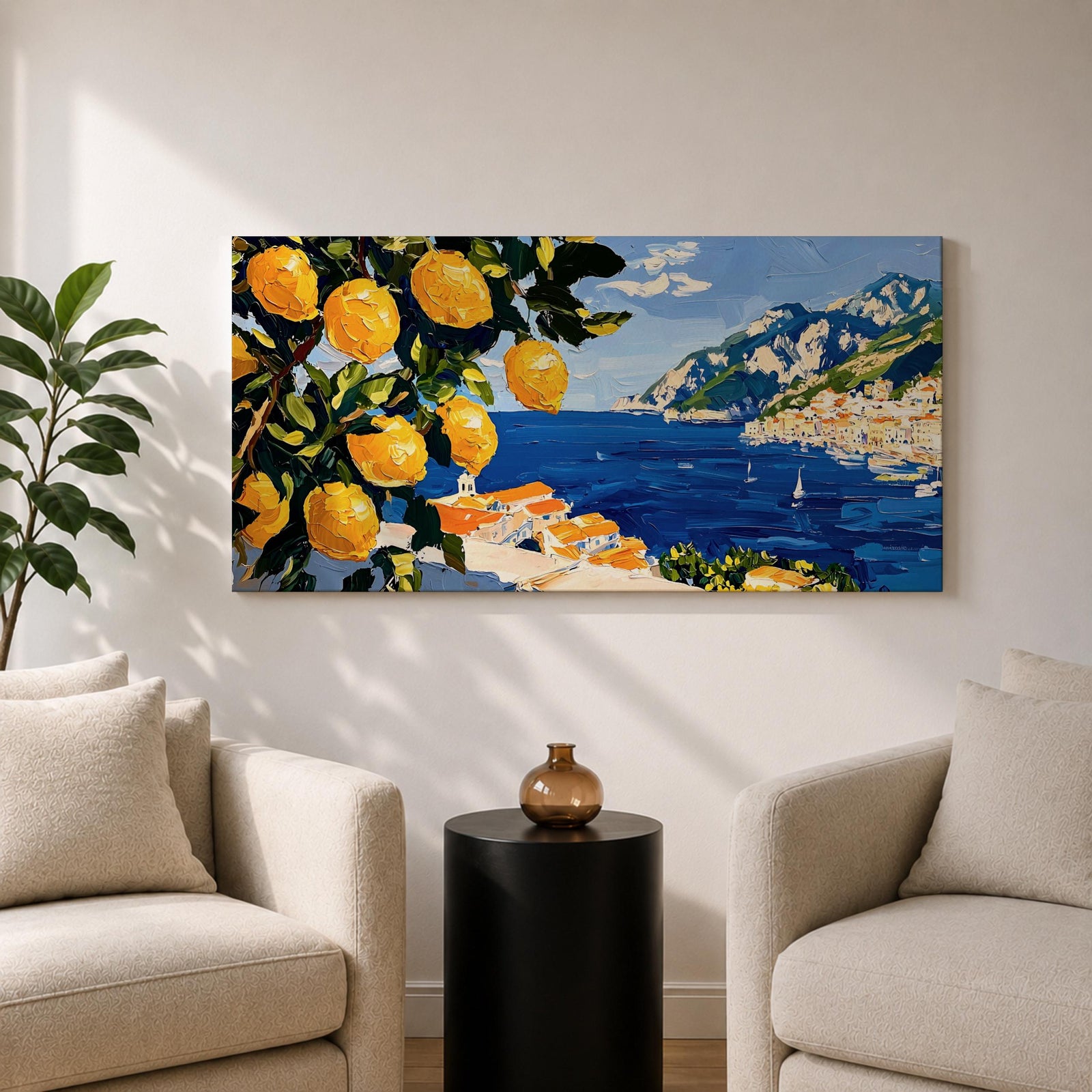 Panoramic painting of bright yellow lemons hanging from leafy branches overlooking the Amalfi Coast with deep blue Mediterranean water, sailboats, and a hillside Italian village with terracotta roofs beneath rugged mountains. Thick palette knife brushstrokes create textured citrus fruit foliage and coastal architecture in a wide landscape composition.