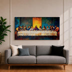 Panoramic painting of the Last Supper showing Jesus seated at the center of a long table surrounded by the twelve apostles. The scene features expressive brush textures with deep blue and warm gold tones while a glowing light behind Christ creates a strong focal point across the wide horizontal composition.