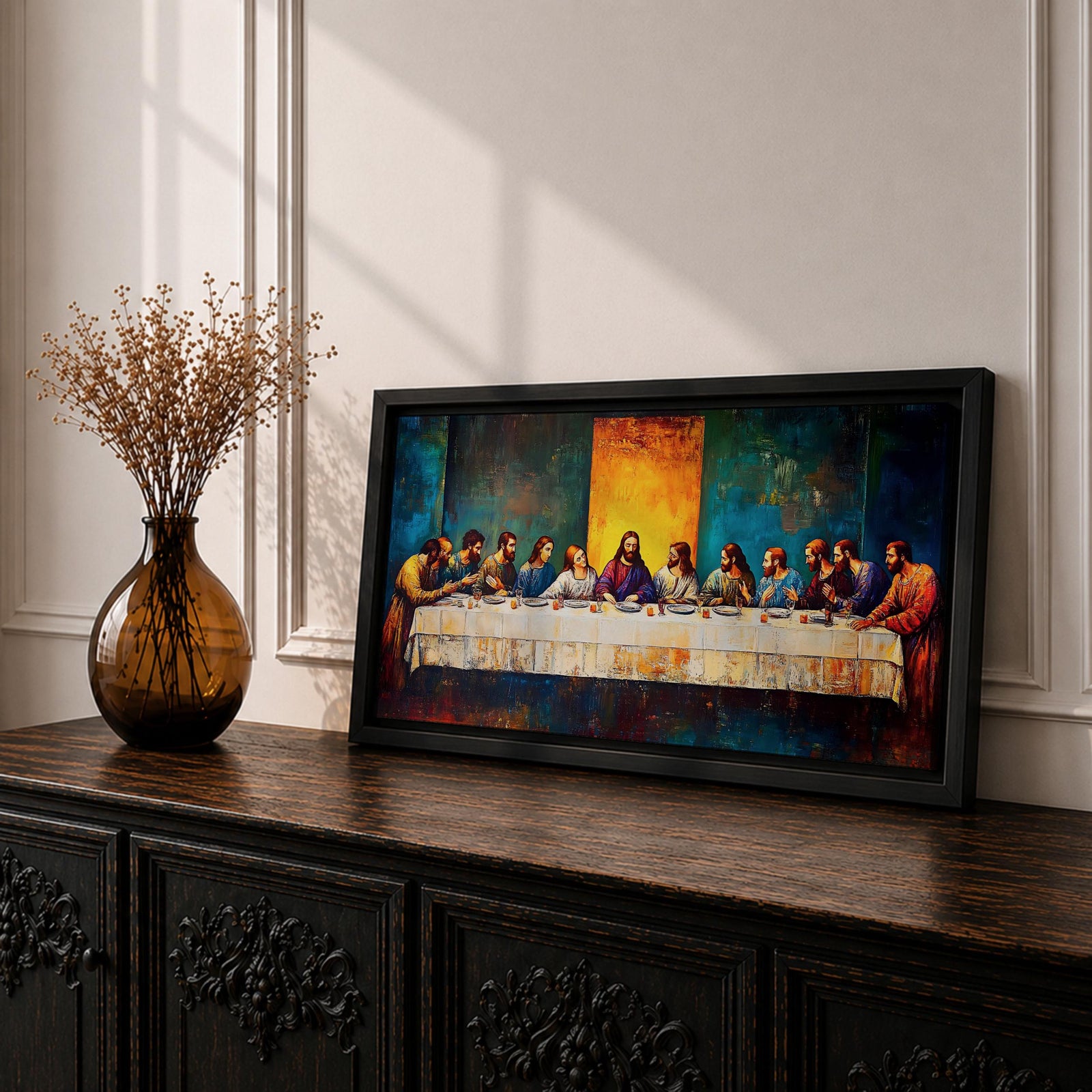 Panoramic painting of the Last Supper showing Jesus seated at the center of a long table surrounded by the twelve apostles. The scene features expressive brush textures with deep blue and warm gold tones while a glowing light behind Christ creates a strong focal point across the wide horizontal composition.