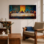 Panoramic painting of the Last Supper showing Jesus seated at the center of a long table surrounded by the twelve apostles. The scene features expressive brush textures with deep blue and warm gold tones while a glowing light behind Christ creates a strong focal point across the wide horizontal composition.