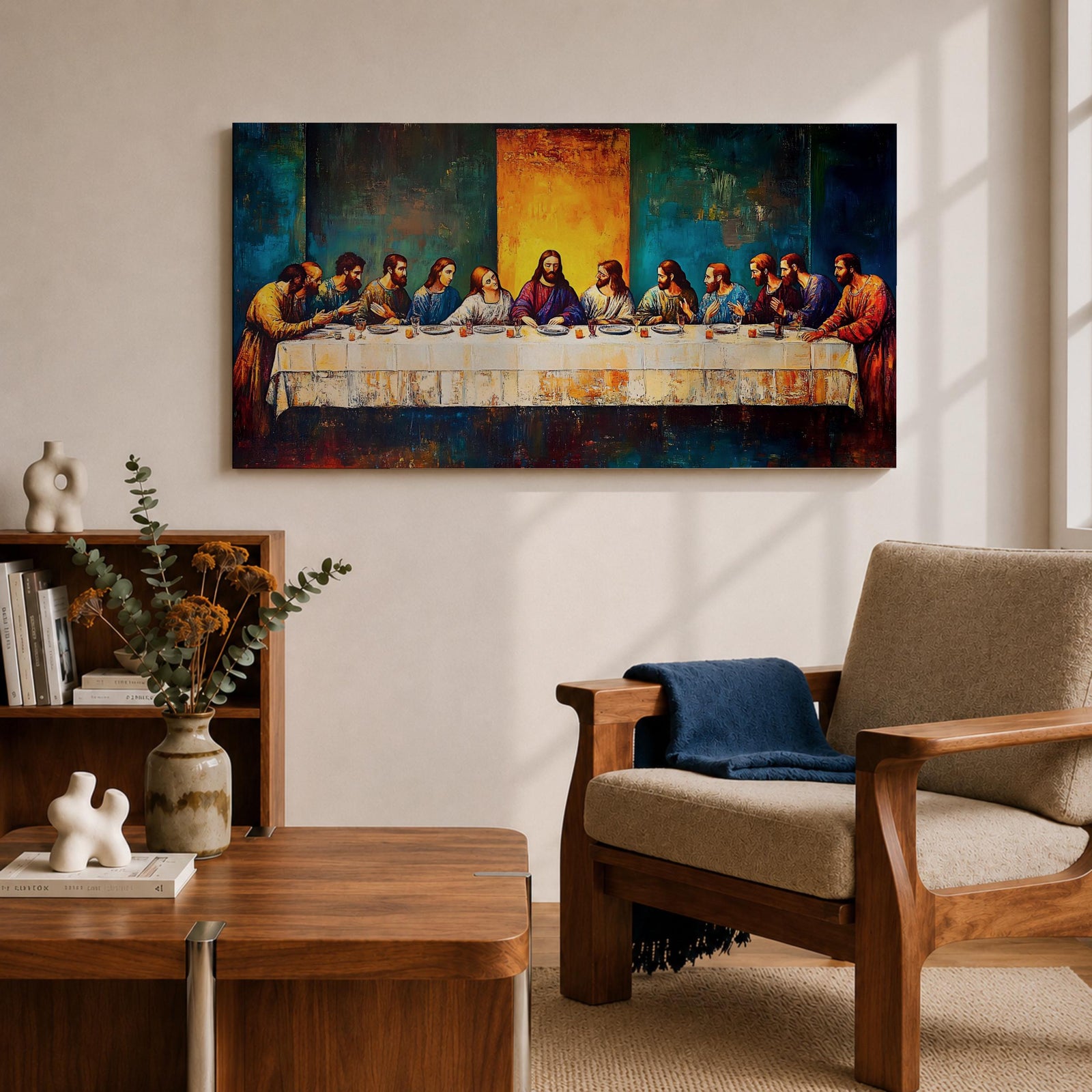 Panoramic painting of the Last Supper showing Jesus seated at the center of a long table surrounded by the twelve apostles. The scene features expressive brush textures with deep blue and warm gold tones while a glowing light behind Christ creates a strong focal point across the wide horizontal composition.