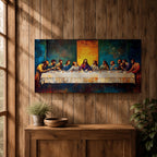 Panoramic painting of the Last Supper showing Jesus seated at the center of a long table surrounded by the twelve apostles. The scene features expressive brush textures with deep blue and warm gold tones while a glowing light behind Christ creates a strong focal point across the wide horizontal composition.
