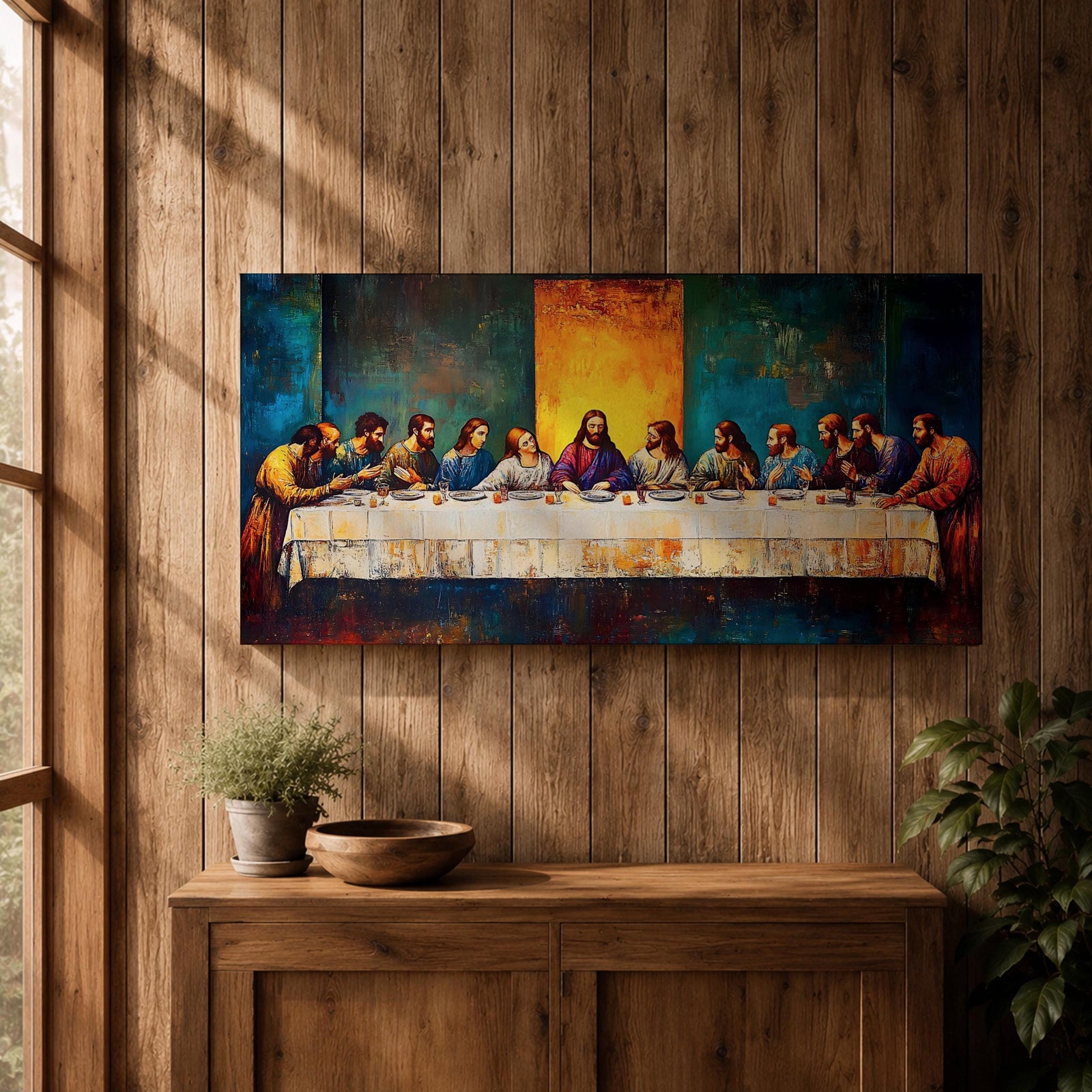 Panoramic painting of the Last Supper showing Jesus seated at the center of a long table surrounded by the twelve apostles. The scene features expressive brush textures with deep blue and warm gold tones while a glowing light behind Christ creates a strong focal point across the wide horizontal composition.