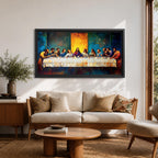 Panoramic painting of the Last Supper showing Jesus seated at the center of a long table surrounded by the twelve apostles. The scene features expressive brush textures with deep blue and warm gold tones while a glowing light behind Christ creates a strong focal point across the wide horizontal composition.