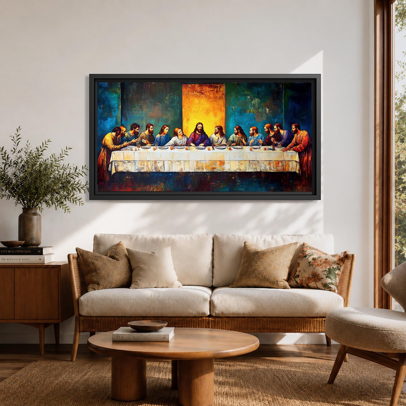Panoramic painting of the Last Supper showing Jesus seated at the center of a long table surrounded by the twelve apostles. The scene features expressive brush textures with deep blue and warm gold tones while a glowing light behind Christ creates a strong focal point across the wide horizontal composition.