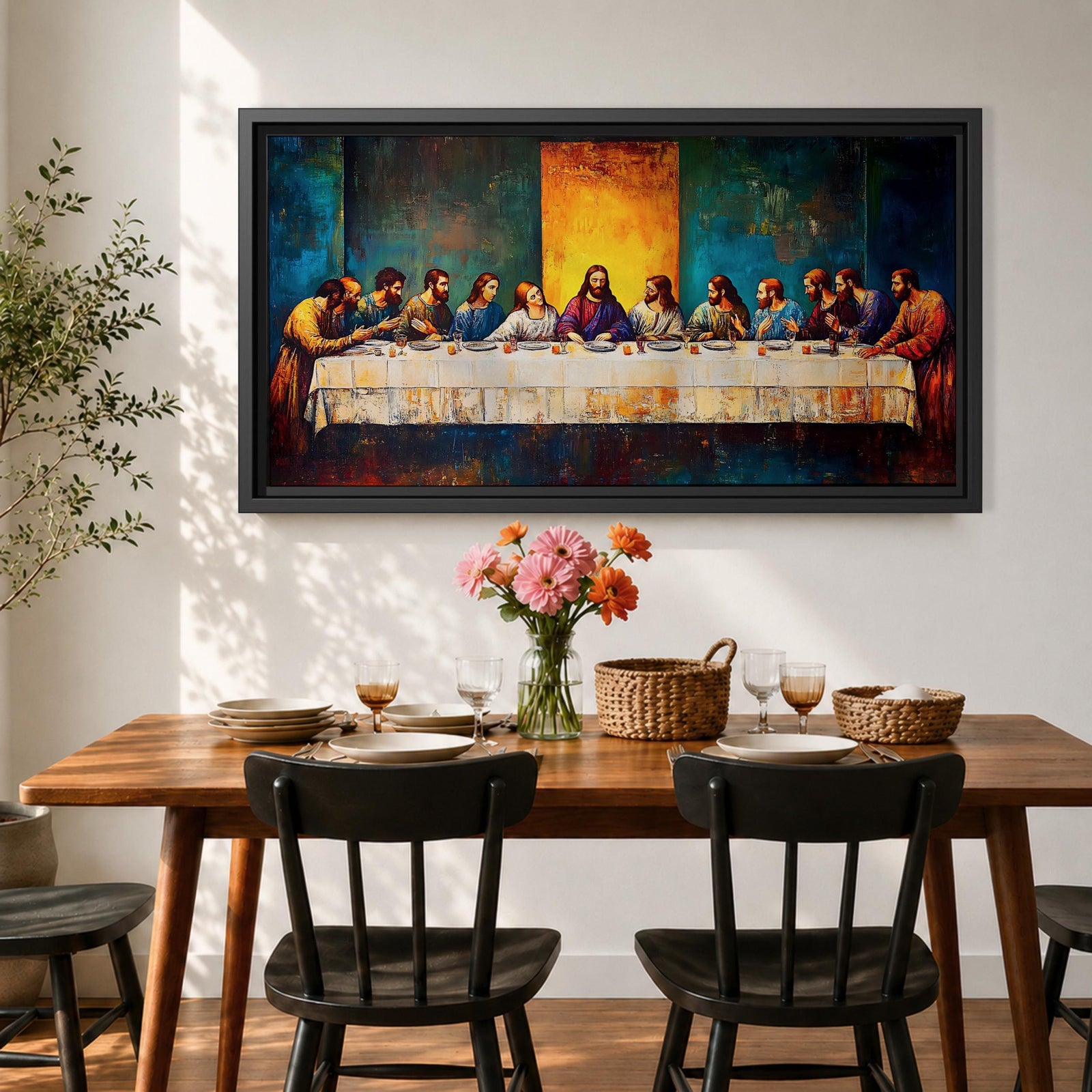 Panoramic painting of the Last Supper showing Jesus seated at the center of a long table surrounded by the twelve apostles. The scene features expressive brush textures with deep blue and warm gold tones while a glowing light behind Christ creates a strong focal point across the wide horizontal composition.
