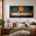 Panoramic painting of the Last Supper showing Jesus seated at the center of a long table surrounded by the twelve apostles. The scene features expressive brush textures with deep blue and warm gold tones while a glowing light behind Christ creates a strong focal point across the wide horizontal composition.