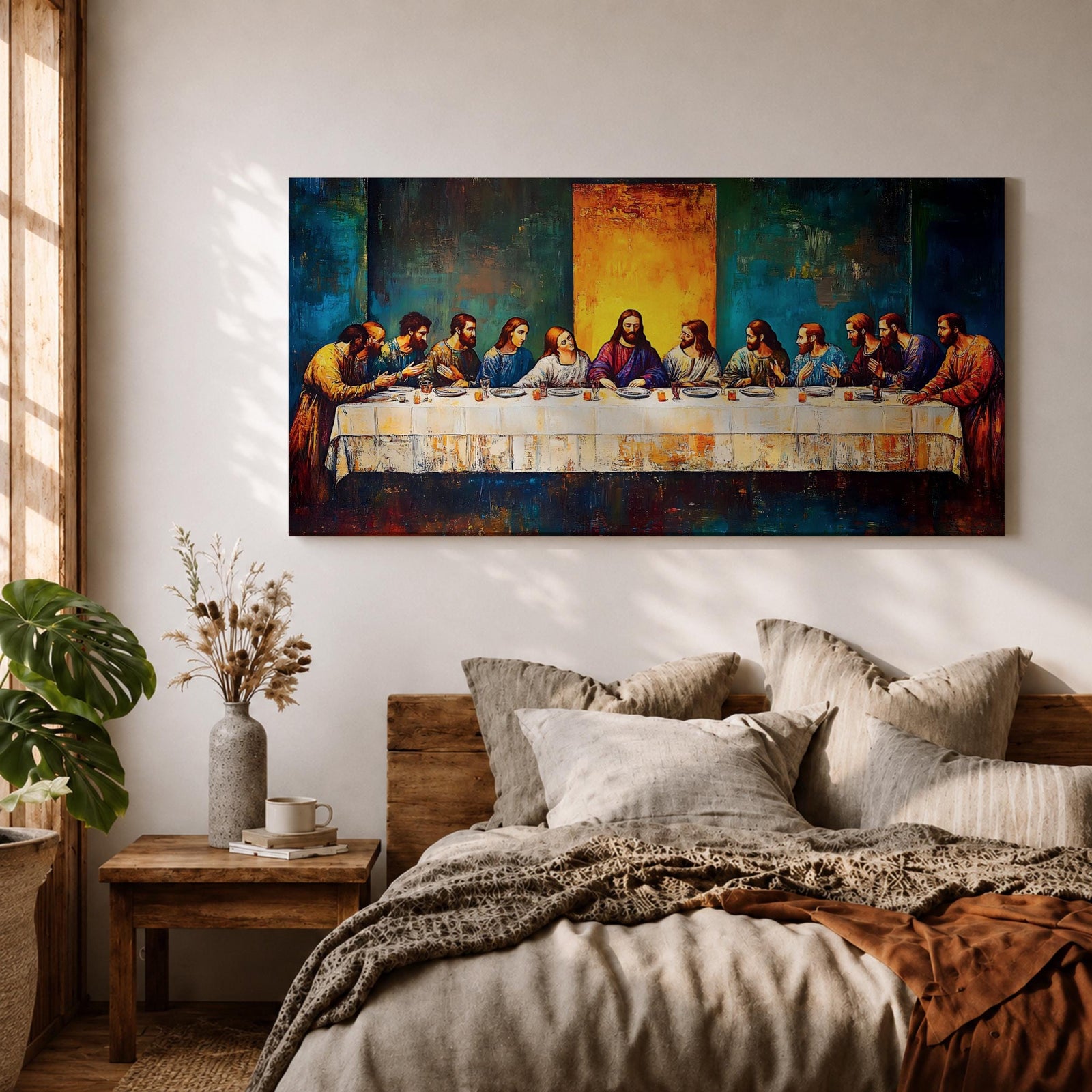 Panoramic painting of the Last Supper showing Jesus seated at the center of a long table surrounded by the twelve apostles. The scene features expressive brush textures with deep blue and warm gold tones while a glowing light behind Christ creates a strong focal point across the wide horizontal composition.