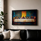 Panoramic painting of the Last Supper showing Jesus seated at the center of a long table surrounded by the twelve apostles. The scene features expressive brush textures with deep blue and warm gold tones while a glowing light behind Christ creates a strong focal point across the wide horizontal composition.