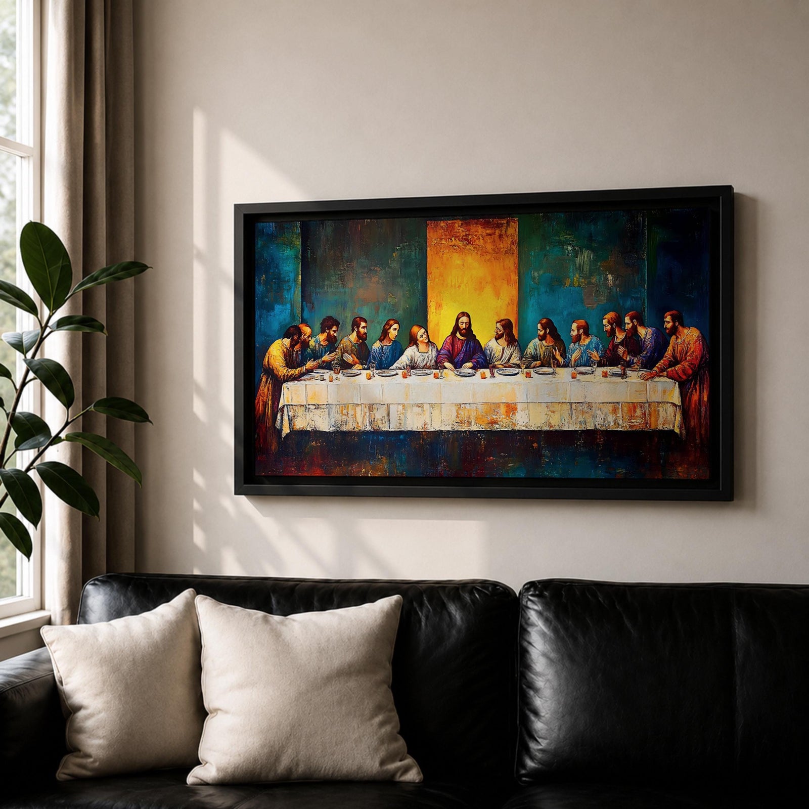 Panoramic painting of the Last Supper showing Jesus seated at the center of a long table surrounded by the twelve apostles. The scene features expressive brush textures with deep blue and warm gold tones while a glowing light behind Christ creates a strong focal point across the wide horizontal composition.